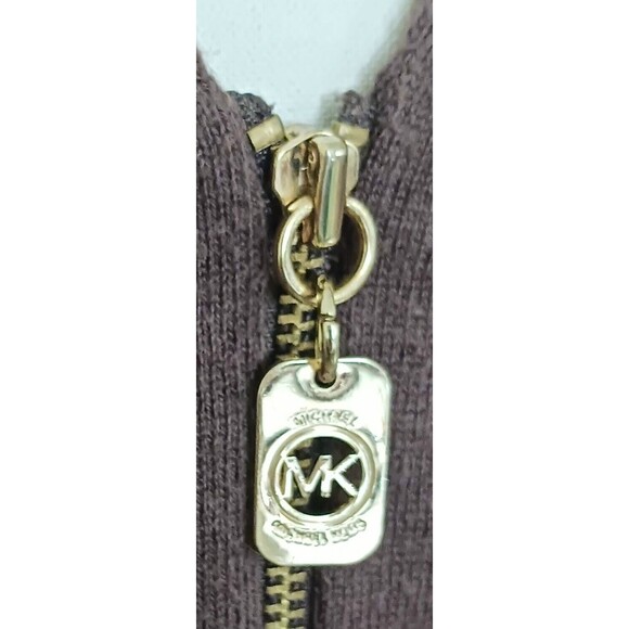 Michael Kors Brown Cotton Angora Full Zip V Neck Sweater Gold Logo Charm Sz S - Picture 3 of 6